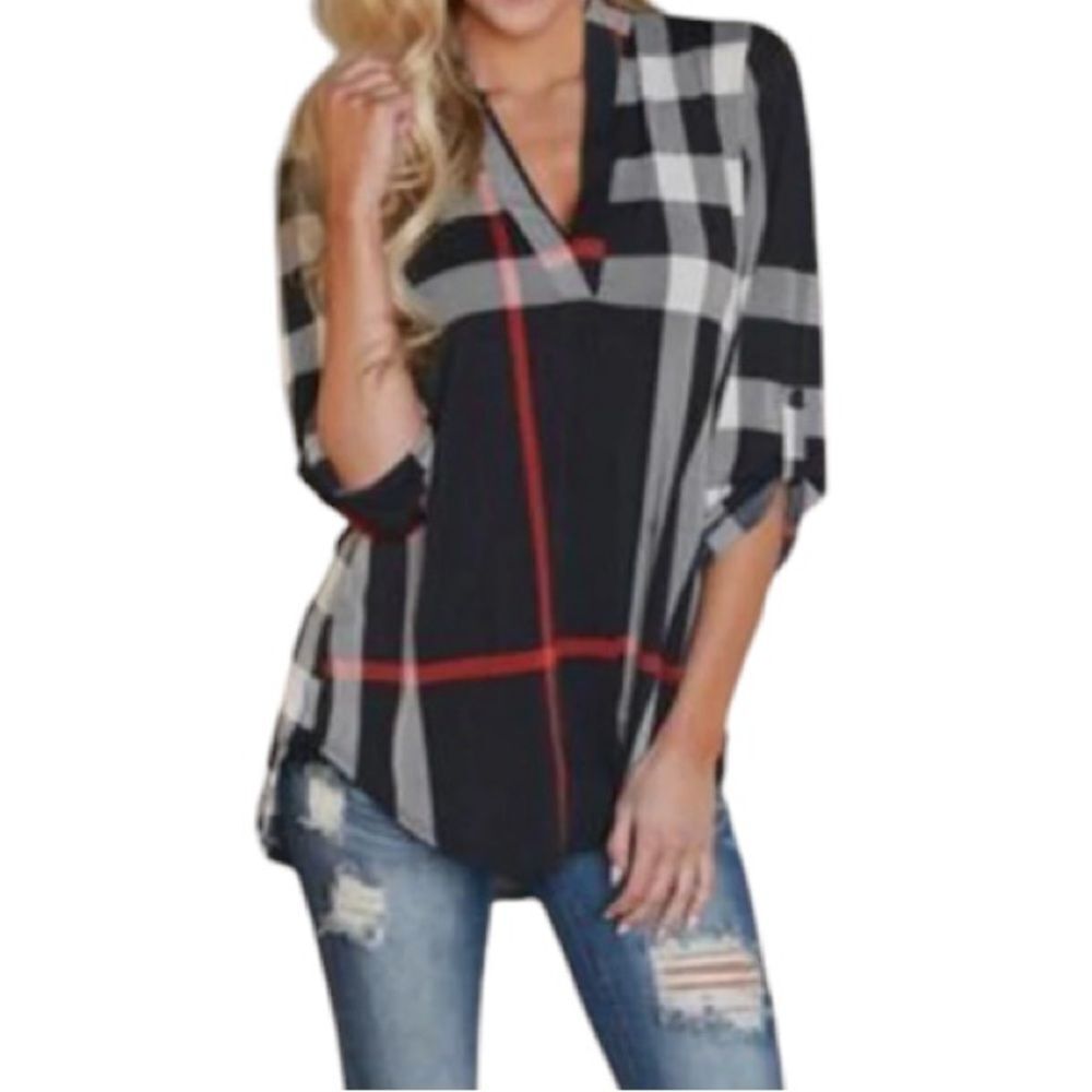 Check Print Design Three Quarter Sleeve Shirt Women Size XL